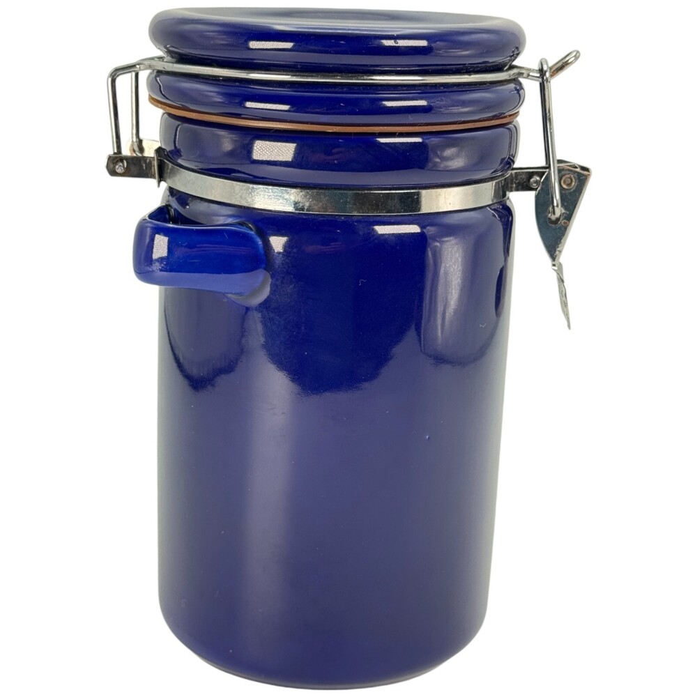 Canister Round Jar Wire Bail Lid & Gasket Snap Clasp Lid Blue 8" Spoon Holder